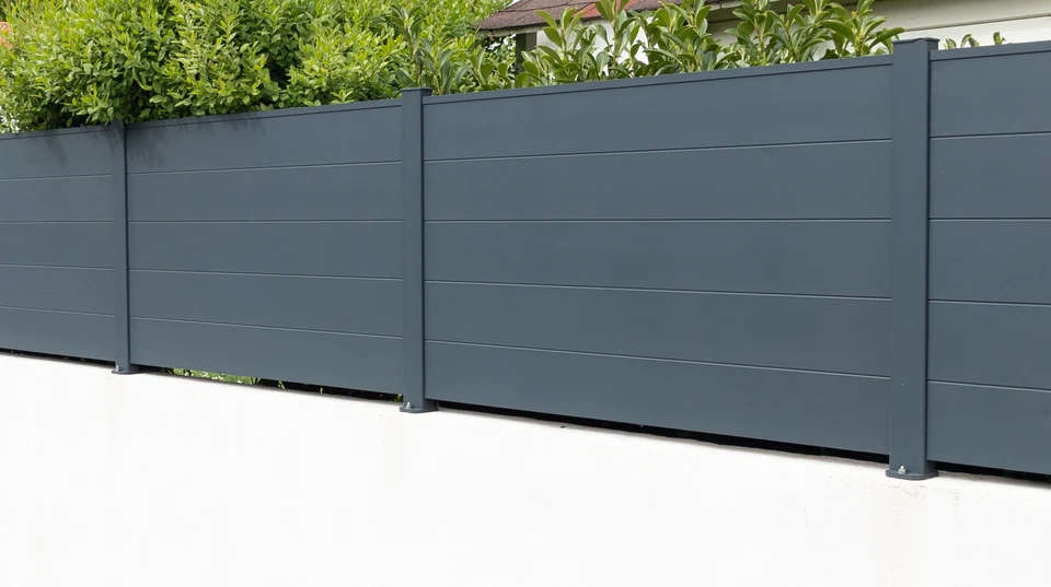 Scène extérieure résidentielle montrant une clôture moderne installée le long d'une allée pavée claire