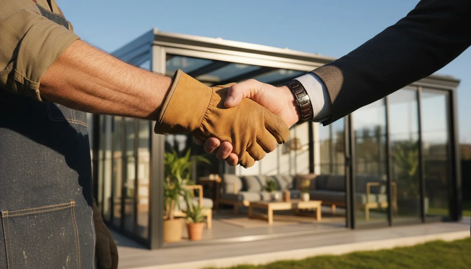 Ouvriers effectuant travaux de rénovation sur maison résidentielle à étages, échelle aluminium positionnée contre façade