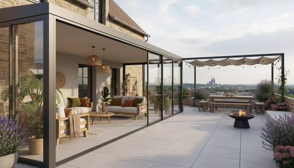 Ouvriers effectuant travaux de r&eacute;novation sur maison r&eacute;sidentielle &agrave; &eacute;tages, &eacute;chelle aluminium positionn&eacute;e contre fa&ccedil;ade