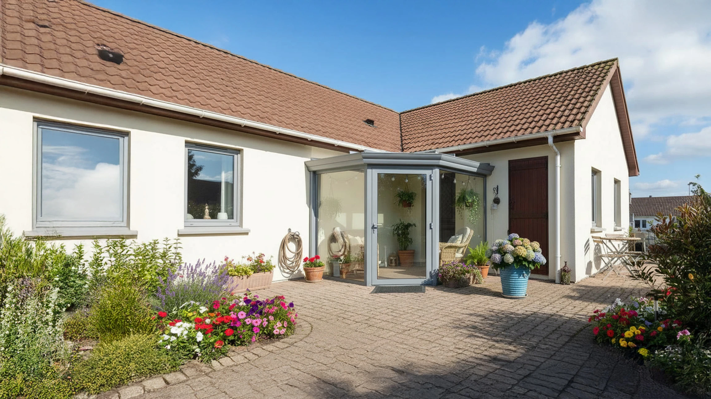 Entrée moderne d'habitation avec porte d'entrée en bois clair flanquée de baies vitrées latérales et imposte