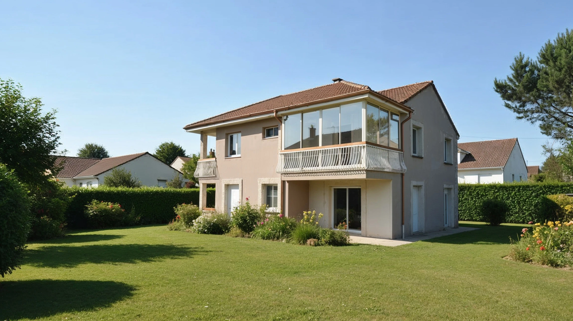 Salon moderne avec vue panoramique sur montagne, fauteuil en cuir peau de vache, t&eacute;lescope sur tr&eacute;pied, t&eacute;l&eacute;vision murale, biblioth&egrave;que design, table basse en bois massif