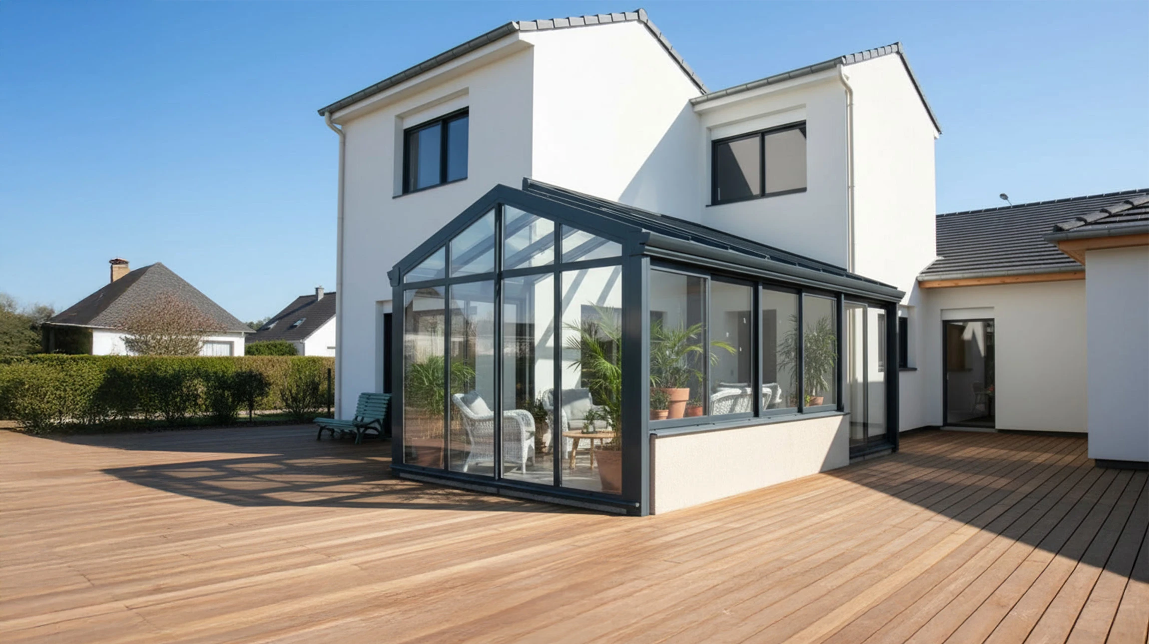 Villa contemporaine à architecture moderne avec façade beige et éléments en bois