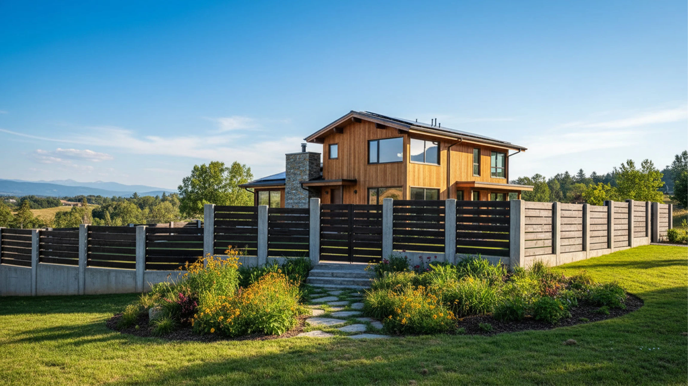 Extérieur résidentiel avec maison moderne blanche, clôture composite anthracite horizontale, pelouse verte entretenue